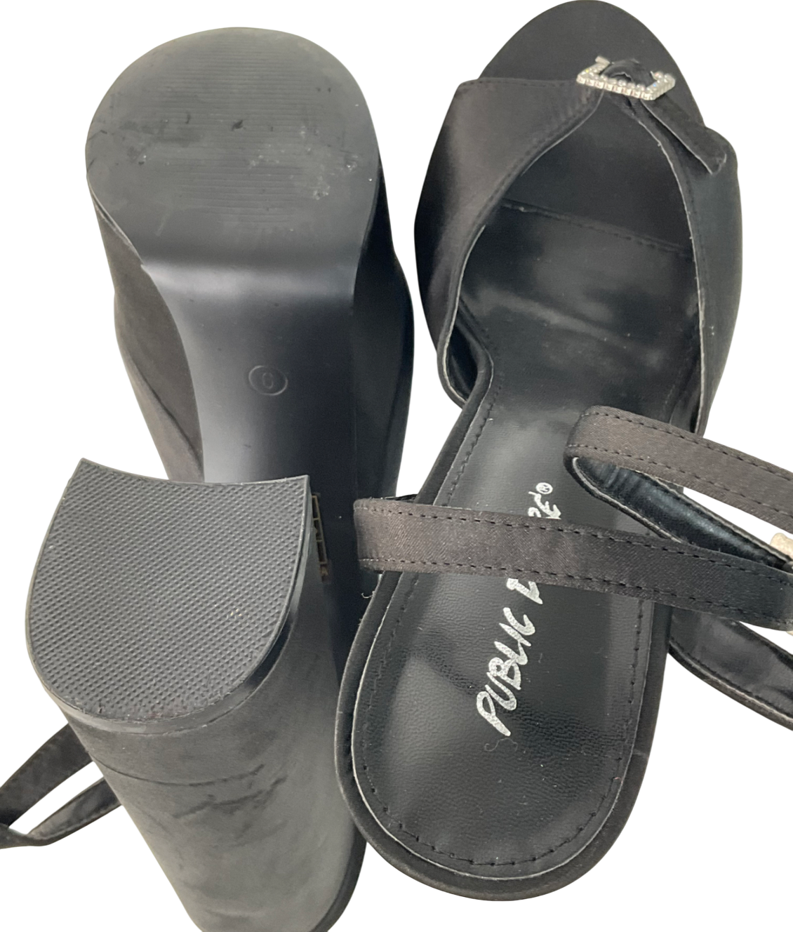 Public Desire Pansie Black Satin Diamonte Platform Heels UK 6 EU 39 👠