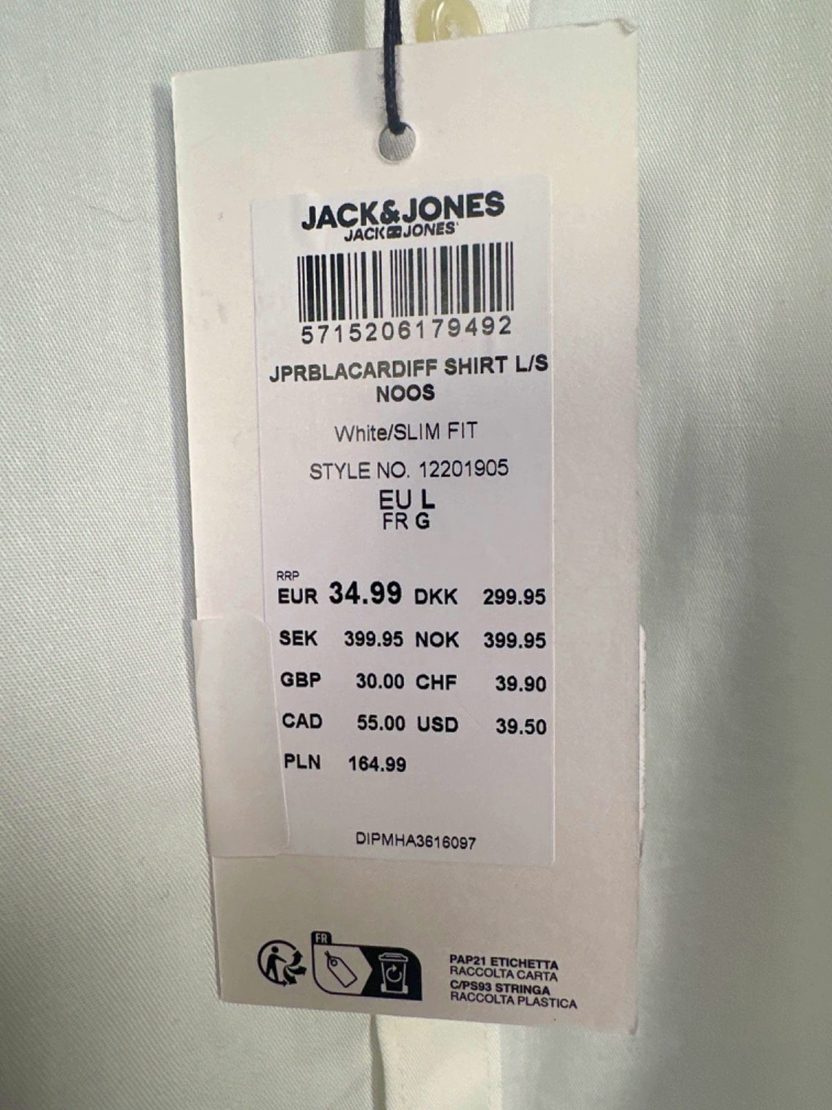 Jack & Jones White Slim Fit Cardiff Shirt L/S UK L