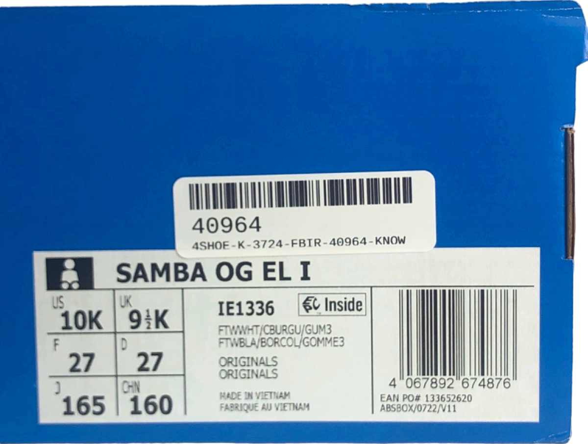 Adidas White/Red Samba OG EL I Trainers UK 9.5 Kids