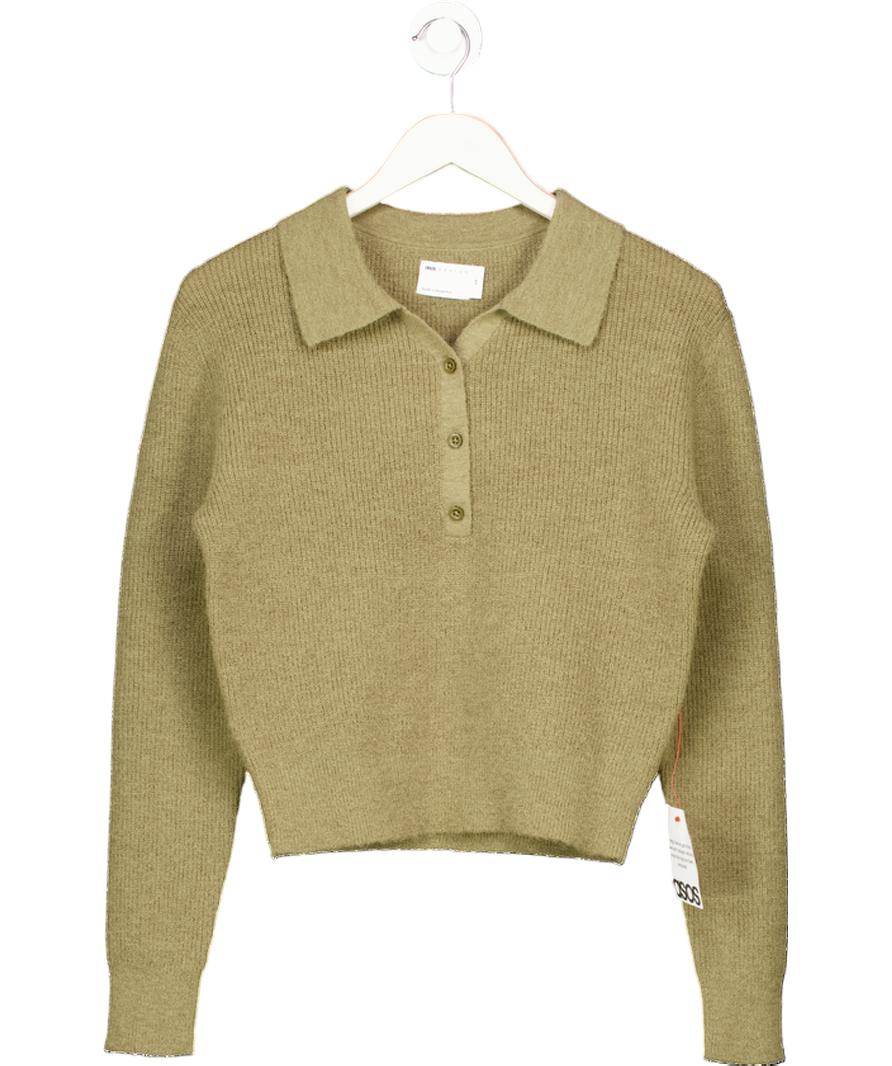 ASOS Knitted Relaxed Collar Henley Jumper In Olive Green UK XS