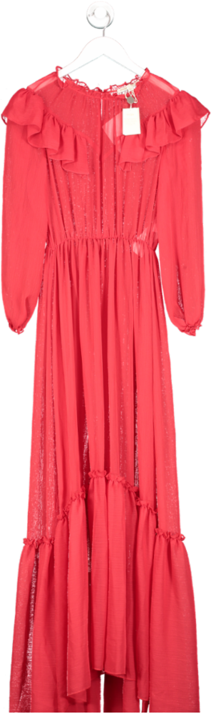 Maje Red Long Muslin Dress With Ruffles BNWT UK 8