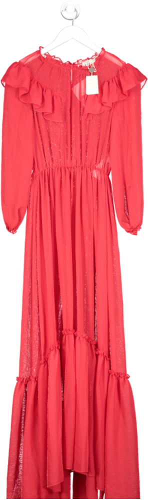 Maje Red Long Muslin Dress With Ruffles UK 8
