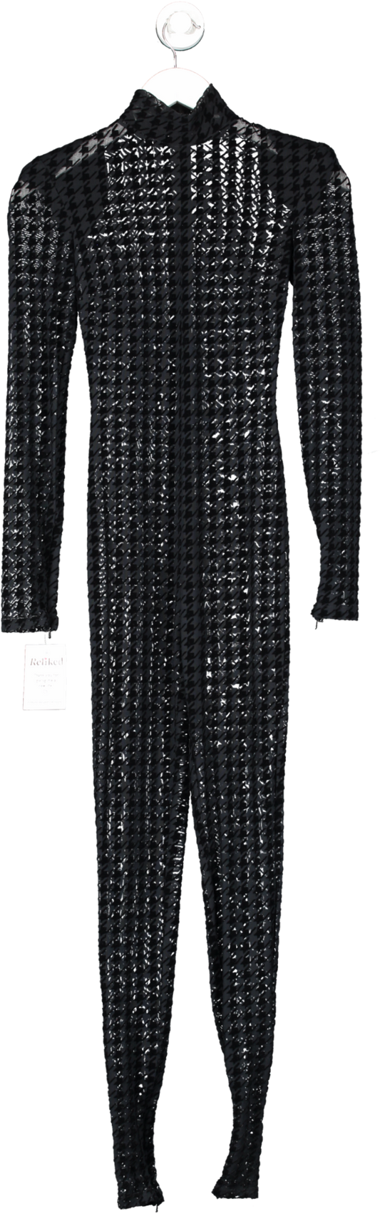 David Koma Black Mesh Dogtooth Pattern High Neck Jumpsuit UK XS
