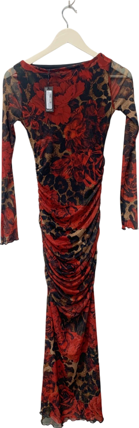 Boohoo Red Mixed Leopard Ruched Mesh Maxi Dress UK 8
