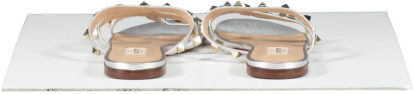 Valentino Garavani Metallic Silver Rockstud Flat Slide Sandals UK 3.5 EU 36.5 👠
