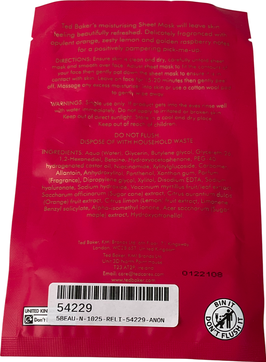 Ted Baker Moisturising Sheet Mask Raspberry And Orange 26g