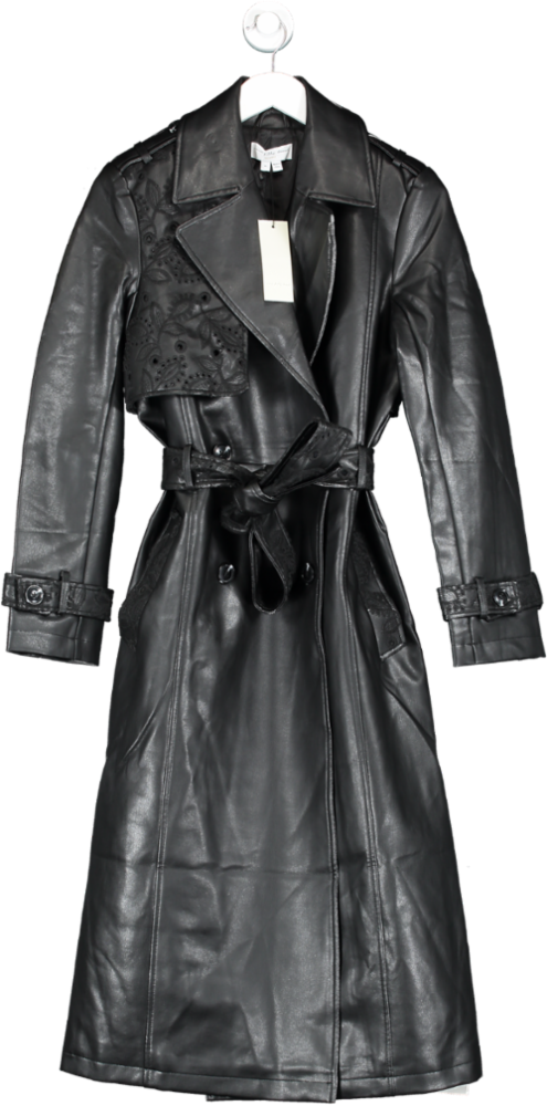 Never Fully Dressed Black Embroidered Vegan Leather Trench Coat UK M