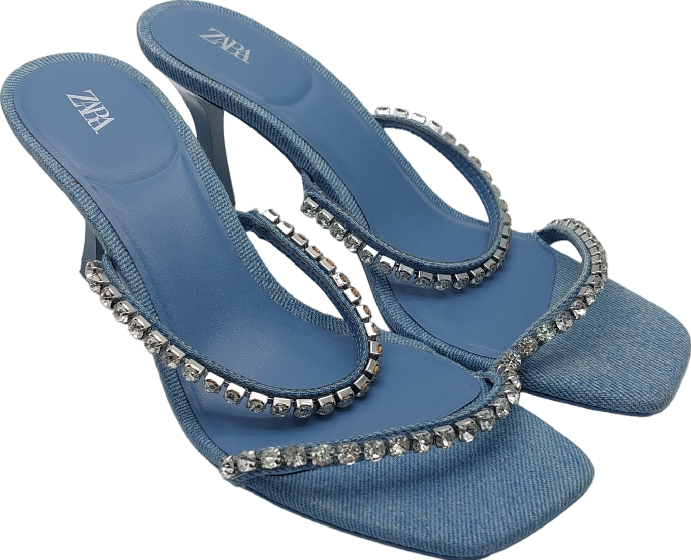 ZARA Blue Embellished Denim Heeled Sandals UK 4 EU 37 👠