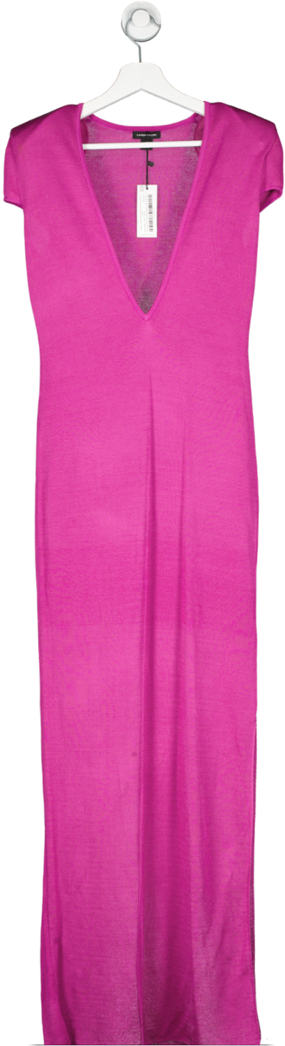 Karen Millen Pink Plunge V Neck Power Shoulder Slinky Knit Maxi Dress UK XS