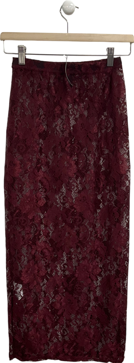 PrettyLittleThing Red Burgundy Lace Floral Maxi Skirt UK 6