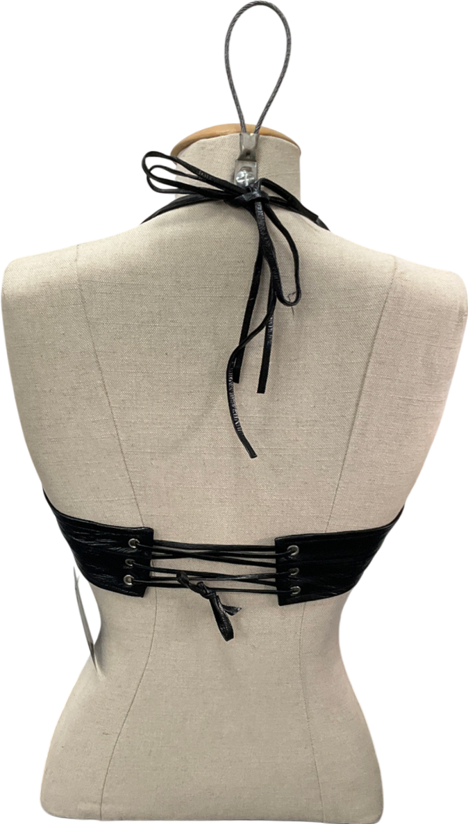 agro studios Black Leather Cross Back Strappy Halter Neck Crop Top UK S