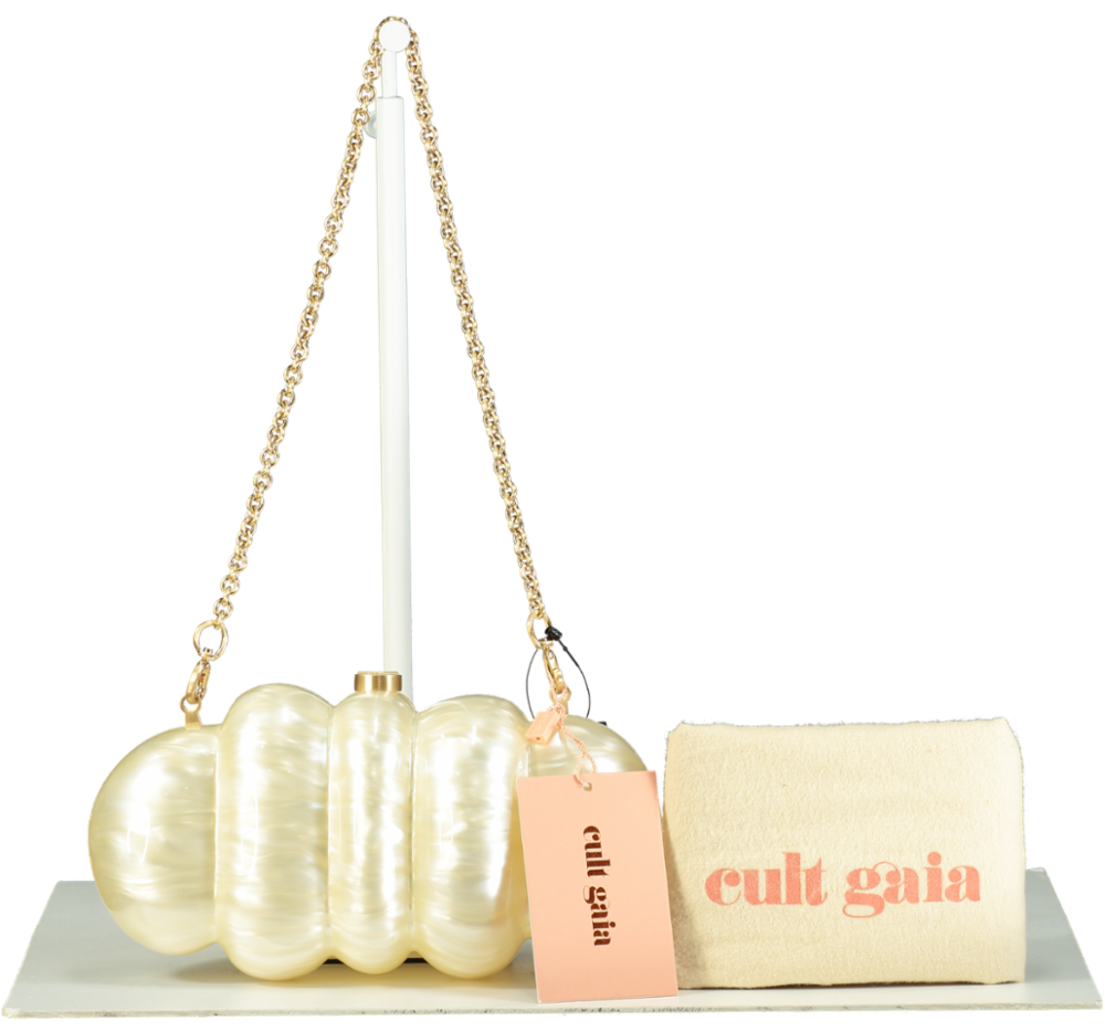 Cult Gaia Ivory Pearlescent Puffer Clutch Bag with chain strap