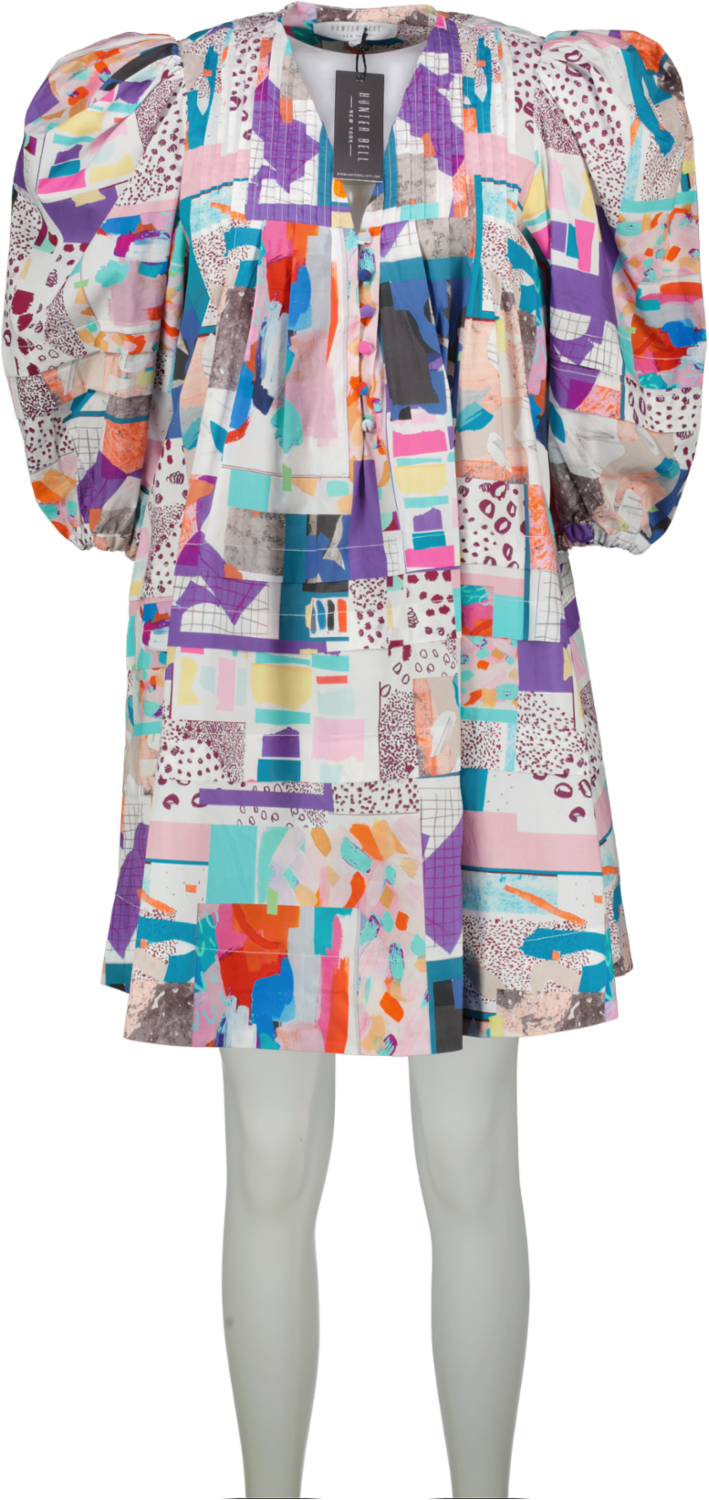 HUNTER BELL Patchwork Printed Puff Sleeve Cotton Dress UK M