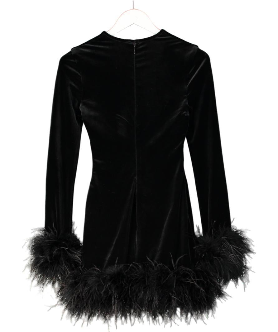 House of CB Black Velvet Feather Trim Mini Dress UK XS