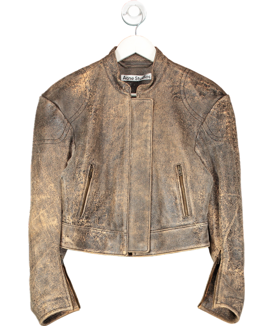 Acne Studios Brown Distressed Leather Bomber Jacket UK XXS-XS