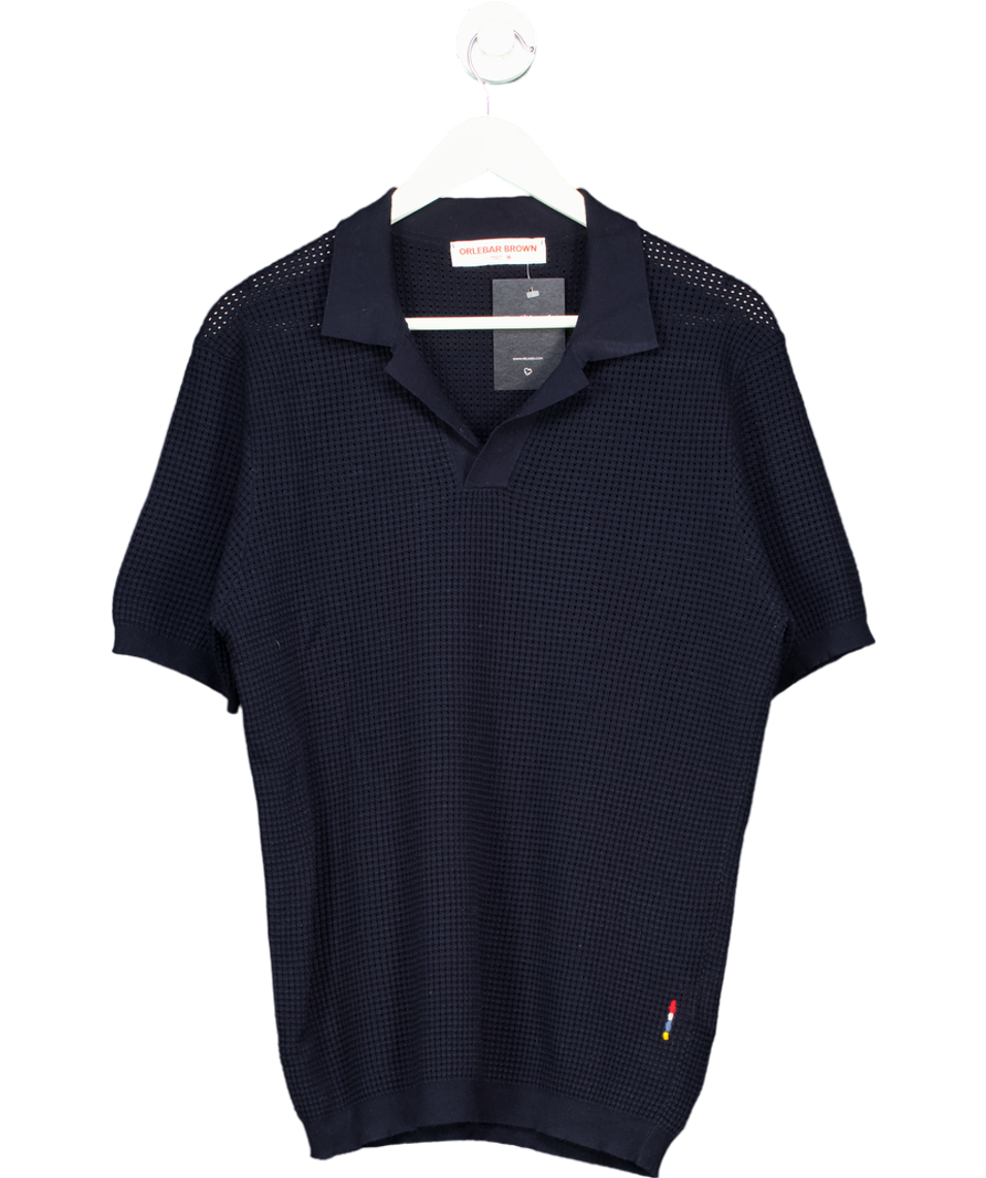 Orlebar Brown Blue Roddy Slim Fit Camp Collar Pointelle Knit Polo Shirt UK M