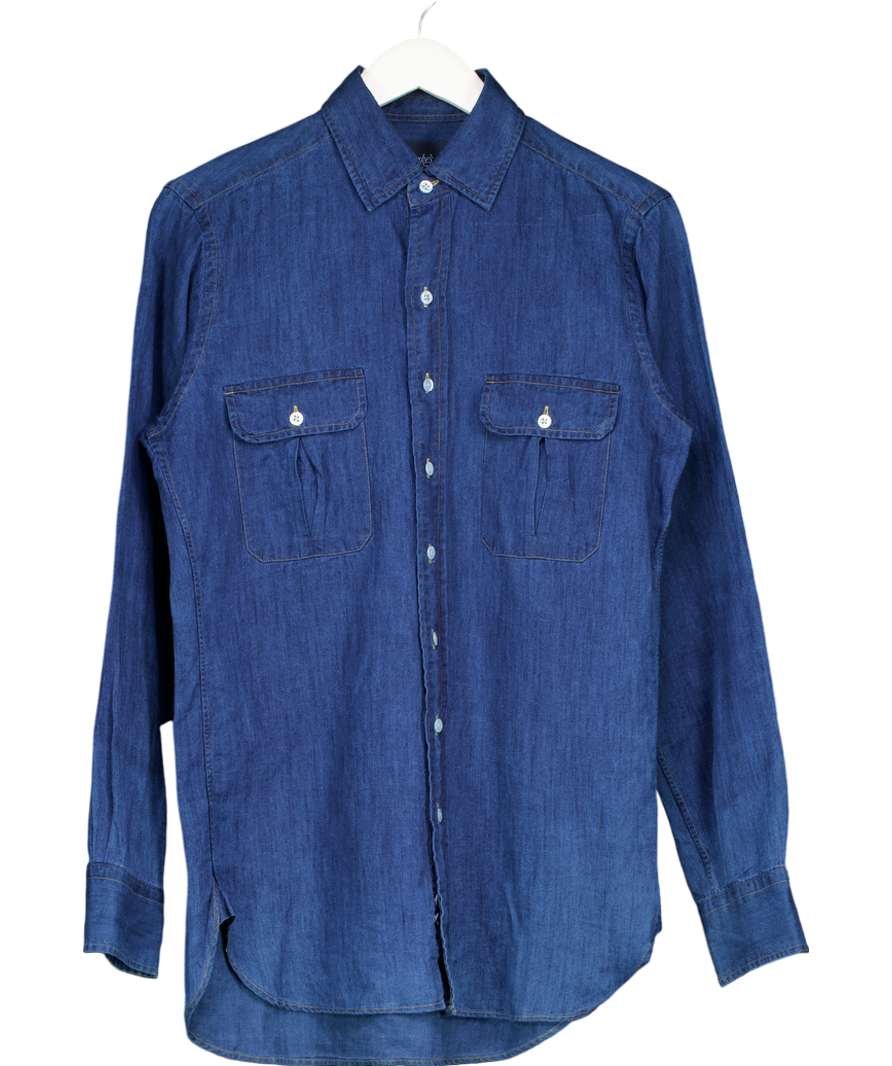 Drake's Blue Mid-blue Washed Denim Cotton /linen Two-pocket Work Shirt UK M