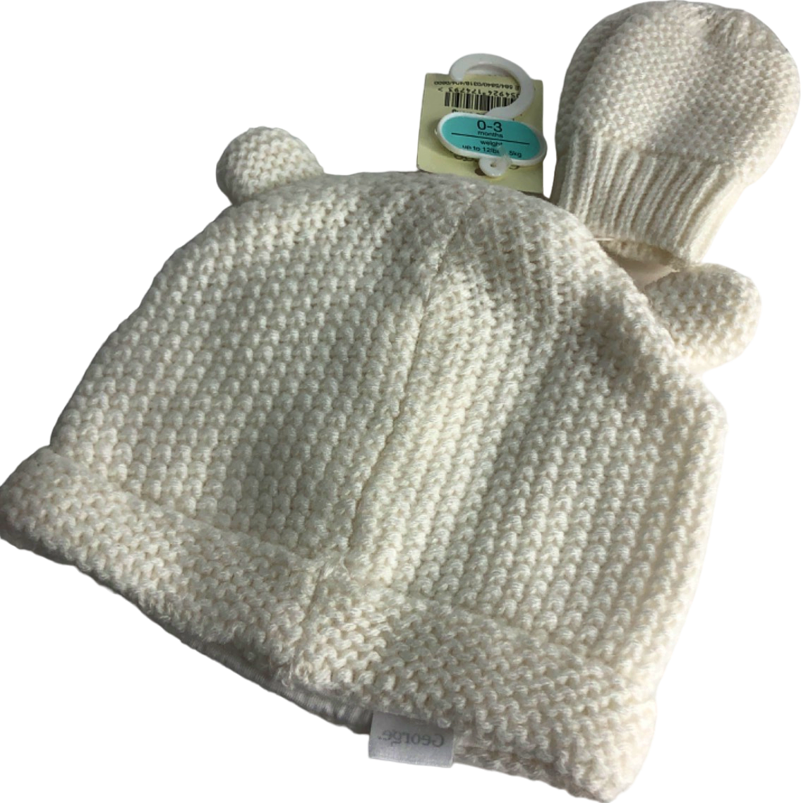 George Ivory Baby Bear Knit Hat and Mittens 0-3 Months