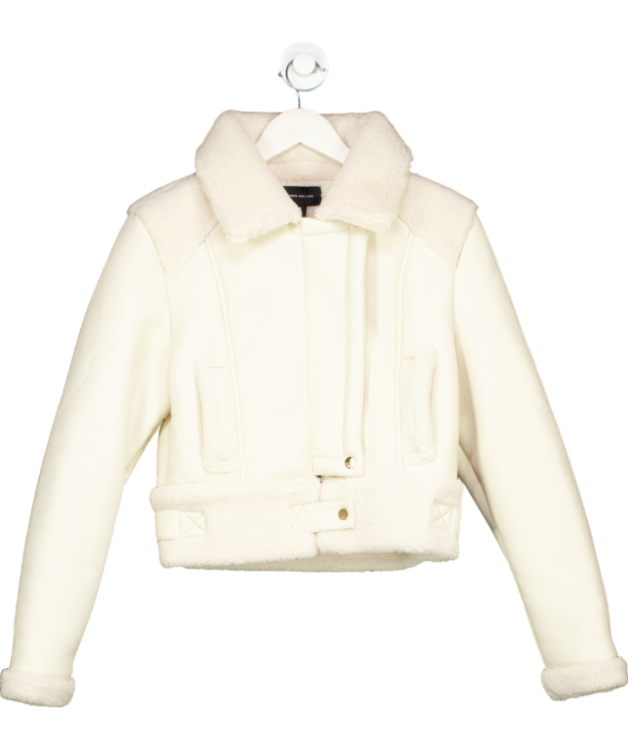 Karen Millen Cream Faux Fur Aviator Crop Jacket UK 8