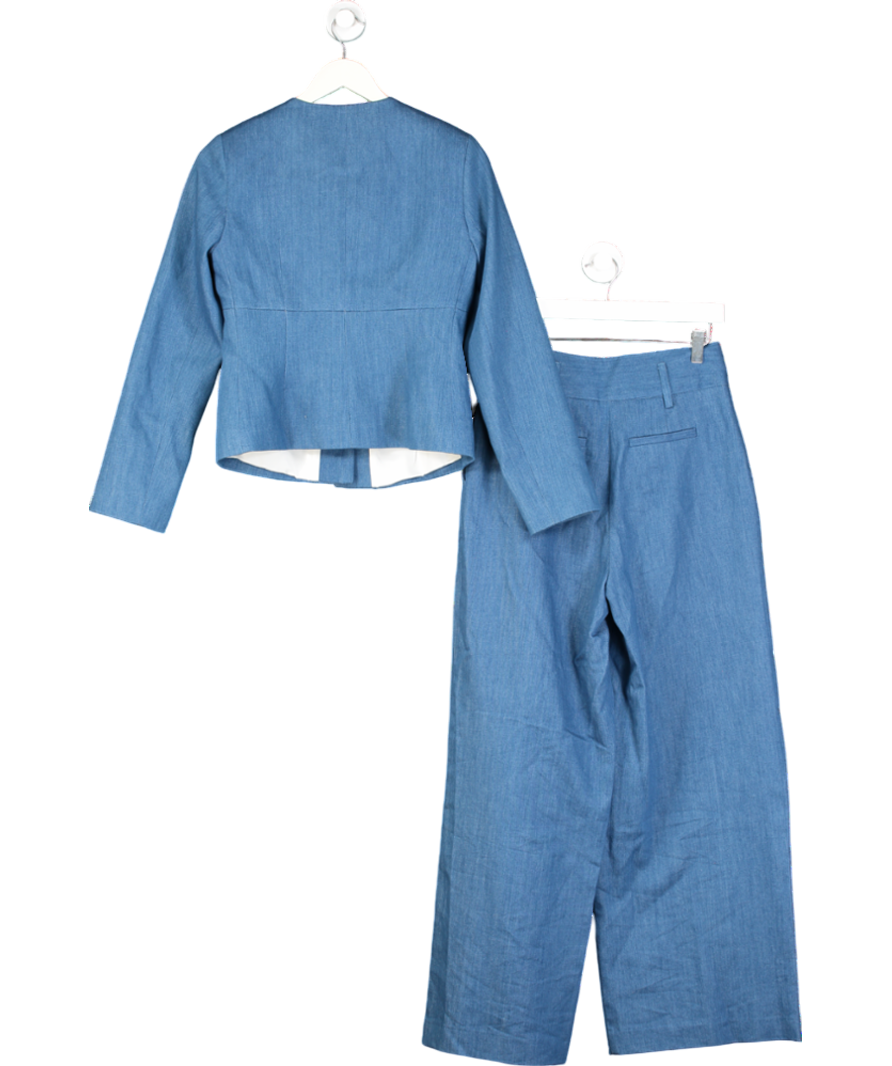 River Island 2-piece Blue Denim V-neck Blazer & High Waisted Wide Leg Trouser suit UK 6