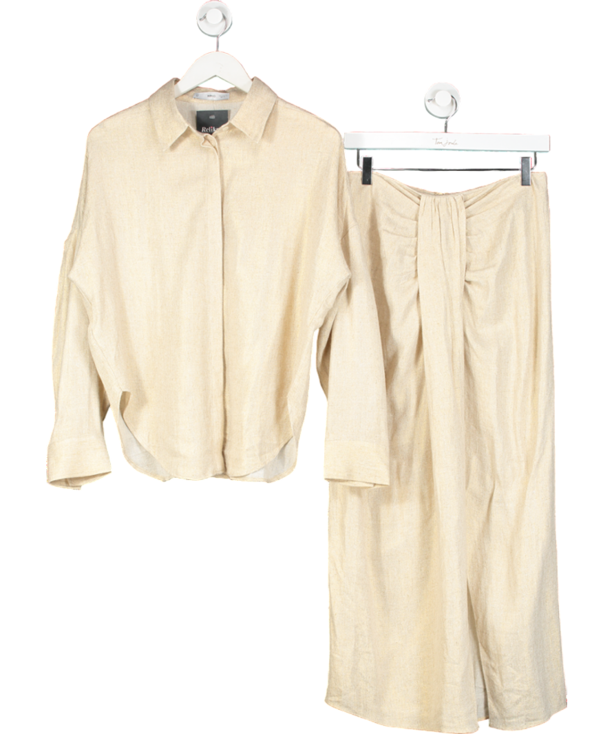 MANGO Beige Regular Linen-blend Shirt. & Linen-blend Draped Midi-skirt UK M