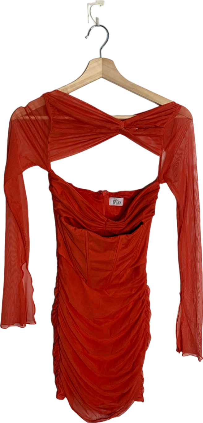 Oh Polly Red Sheer Mesh Ruched Mini Dress Size UK 6