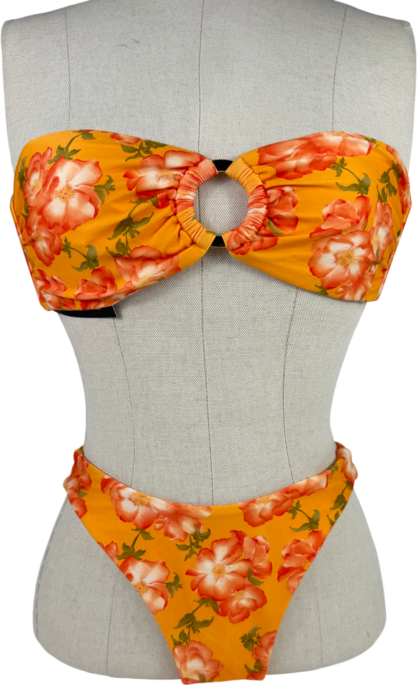 Monday Swimwear Orange Floral Bandeau Bikini Gold Ring Details UK S