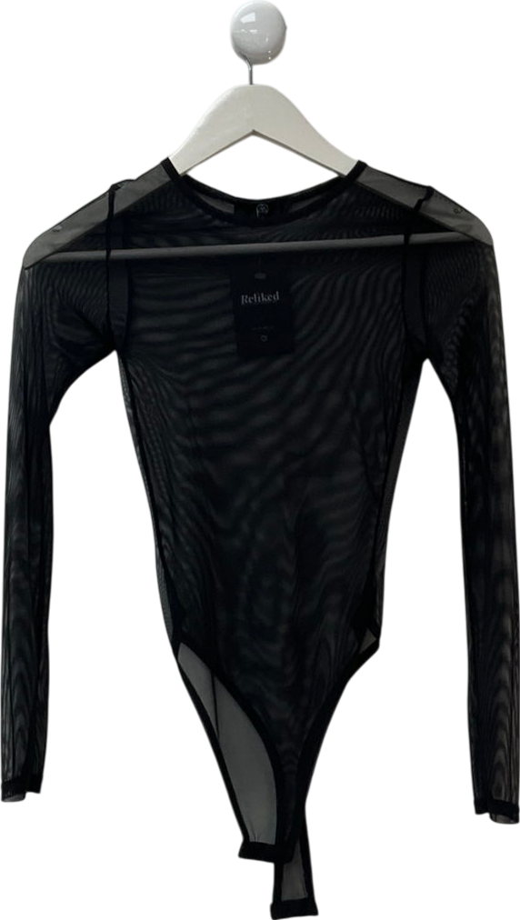 Missguided Black Rave Sheer Mesh Polo Neck Long Sleeve Bodysuit UK 6