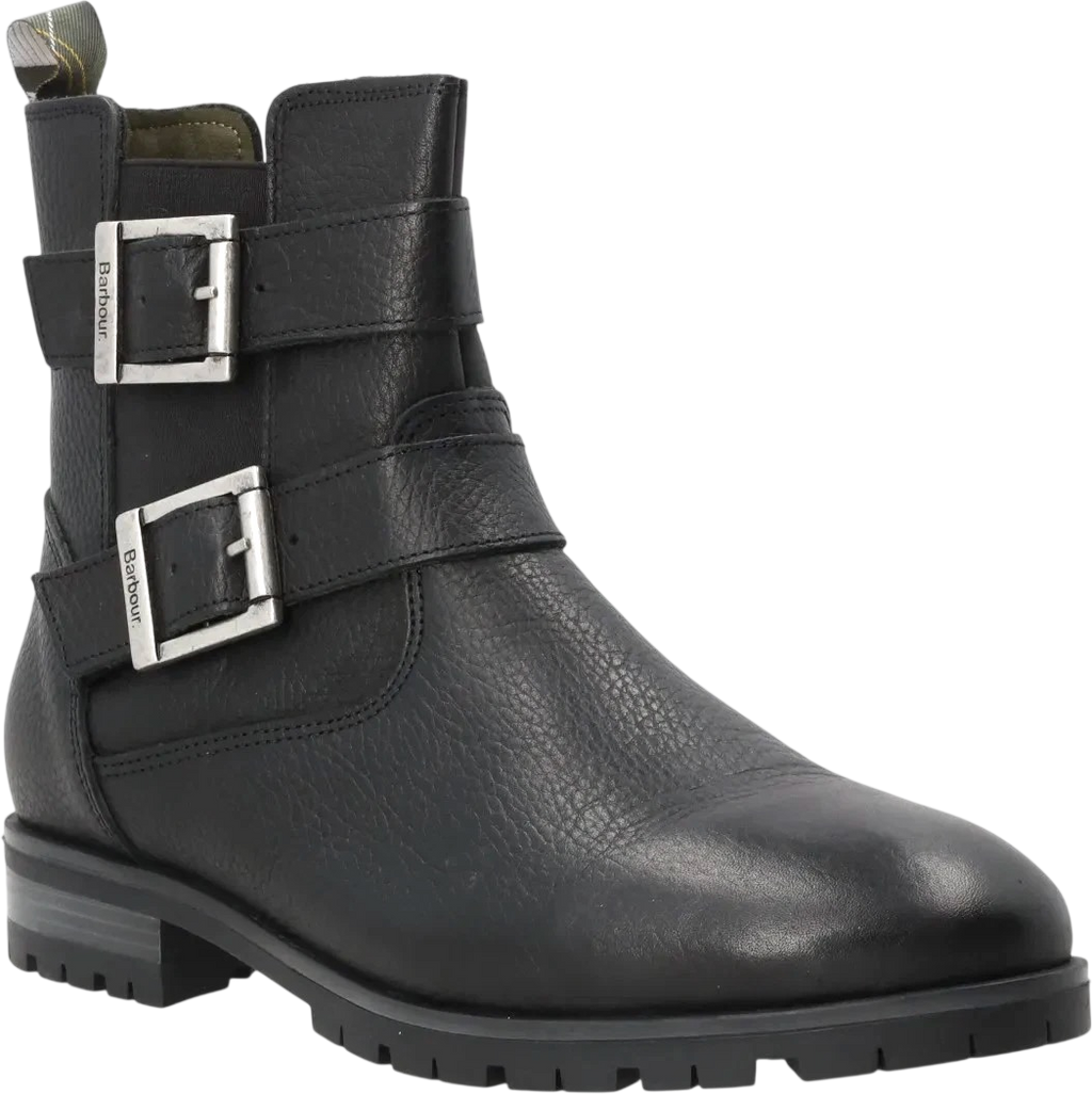 BARBOUR Black / Antique Silver Pebbled Leather Double Buckle Ankle Boots UK 3 EU 36