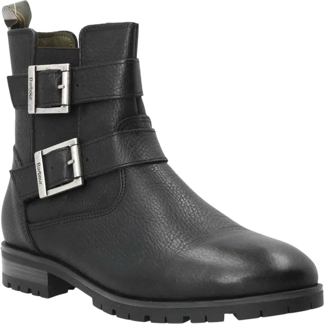 BARBOUR Black / Antique Silver Pebbled Leather Double Buckle Ankle Boots UK 3 EU 36