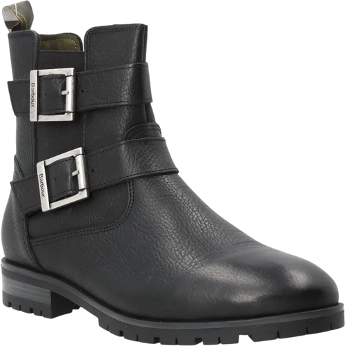 BARBOUR Black / Antique Silver Pebbled Leather Double Buckle Ankle Boots UK 3 EU 36