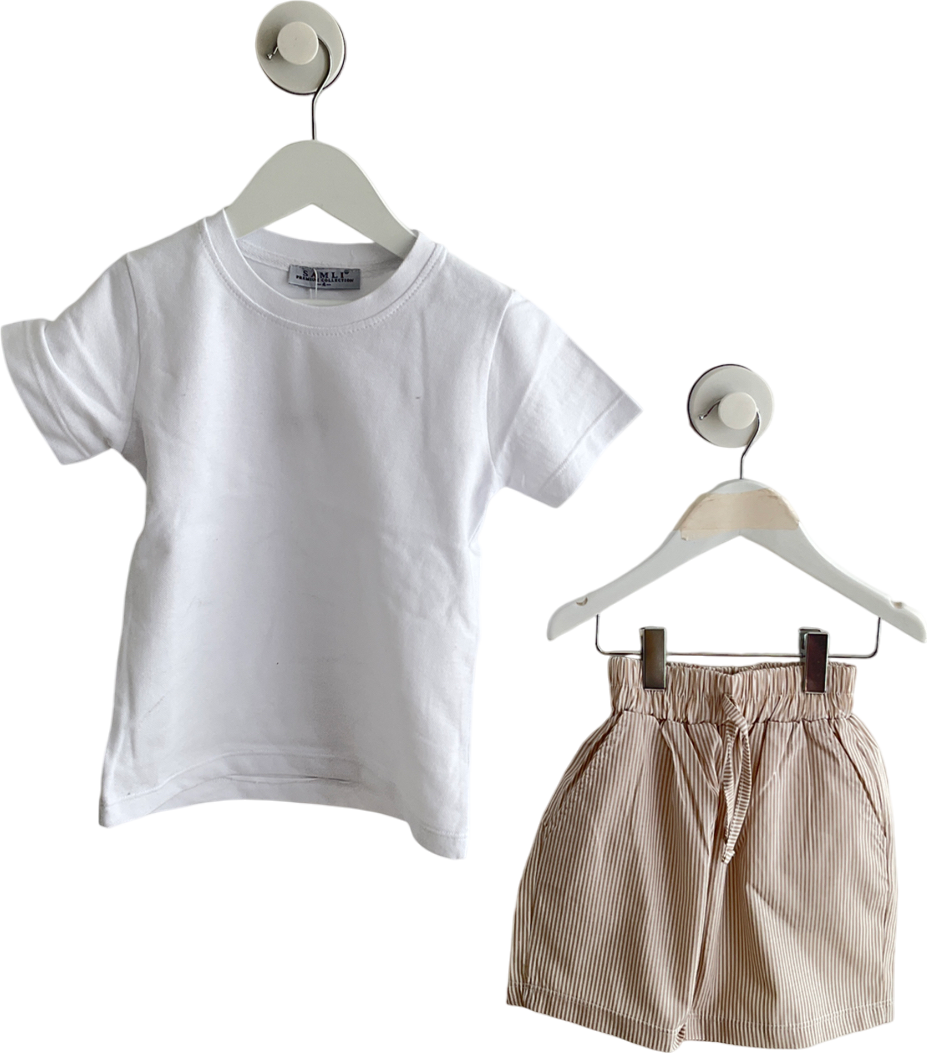 Samli premium collection White Smart Shirt With Beige And White Striped Shorts 4 Years