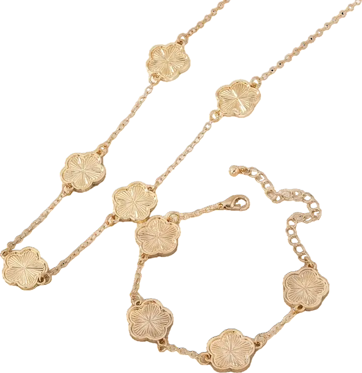 2-piece Gold Clover Necklace & Bracelet Set In Tulle Gift Bag