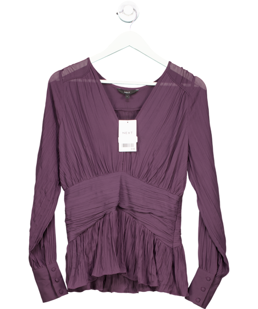 Next Plum Purple Pleated Long Sleeves V-neck Top UK 8