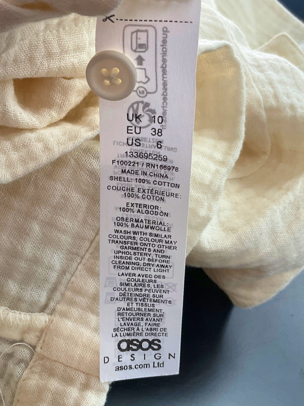 ASOS Cream Short Sleeve Shirt UK 10