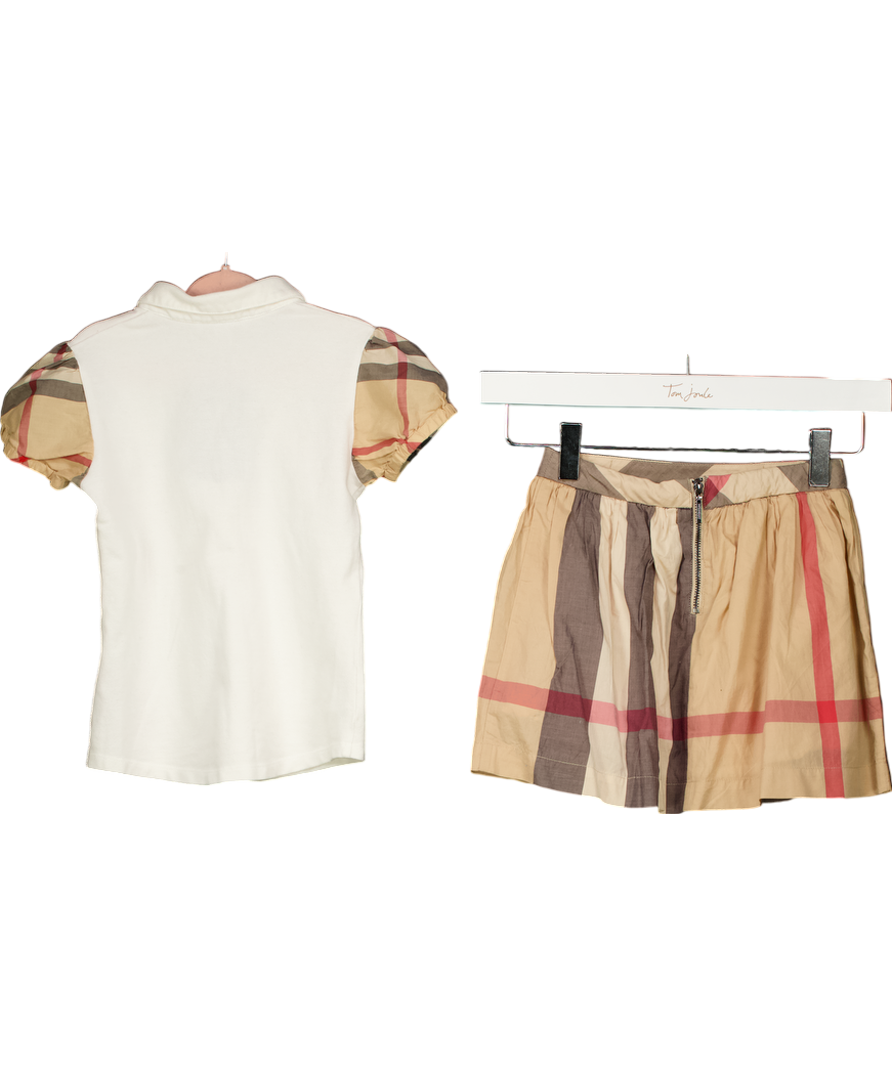Burberry Beige Polo Shirt With Puff Checked Sleeves And Checked Cotton Skirt 6 Years