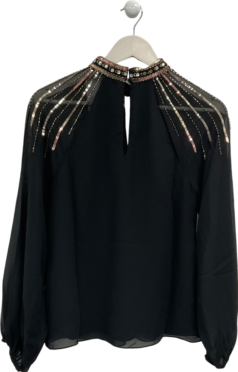 River Island Black Gold Long Sleeve Keyhole Blouse UK 6