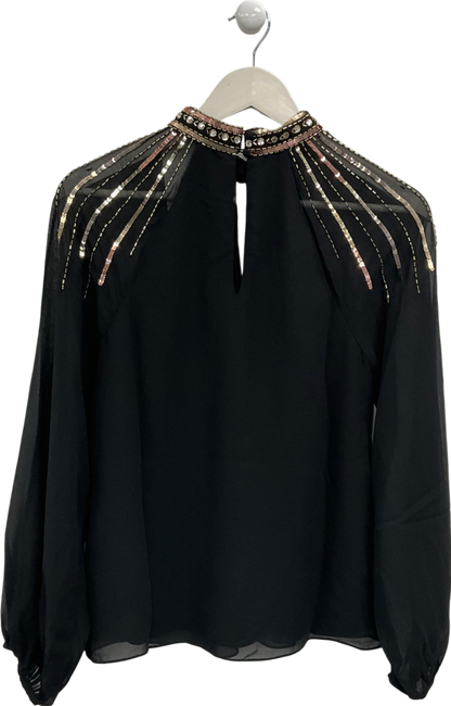 River Island Black Gold Long Sleeve Keyhole Blouse UK 6