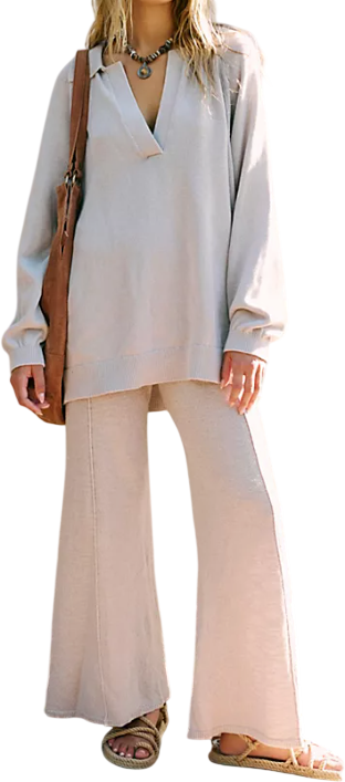 FREE PEOPLE 2-piece Pale Grey Drea Cotton Knit Loungewear Set UK M