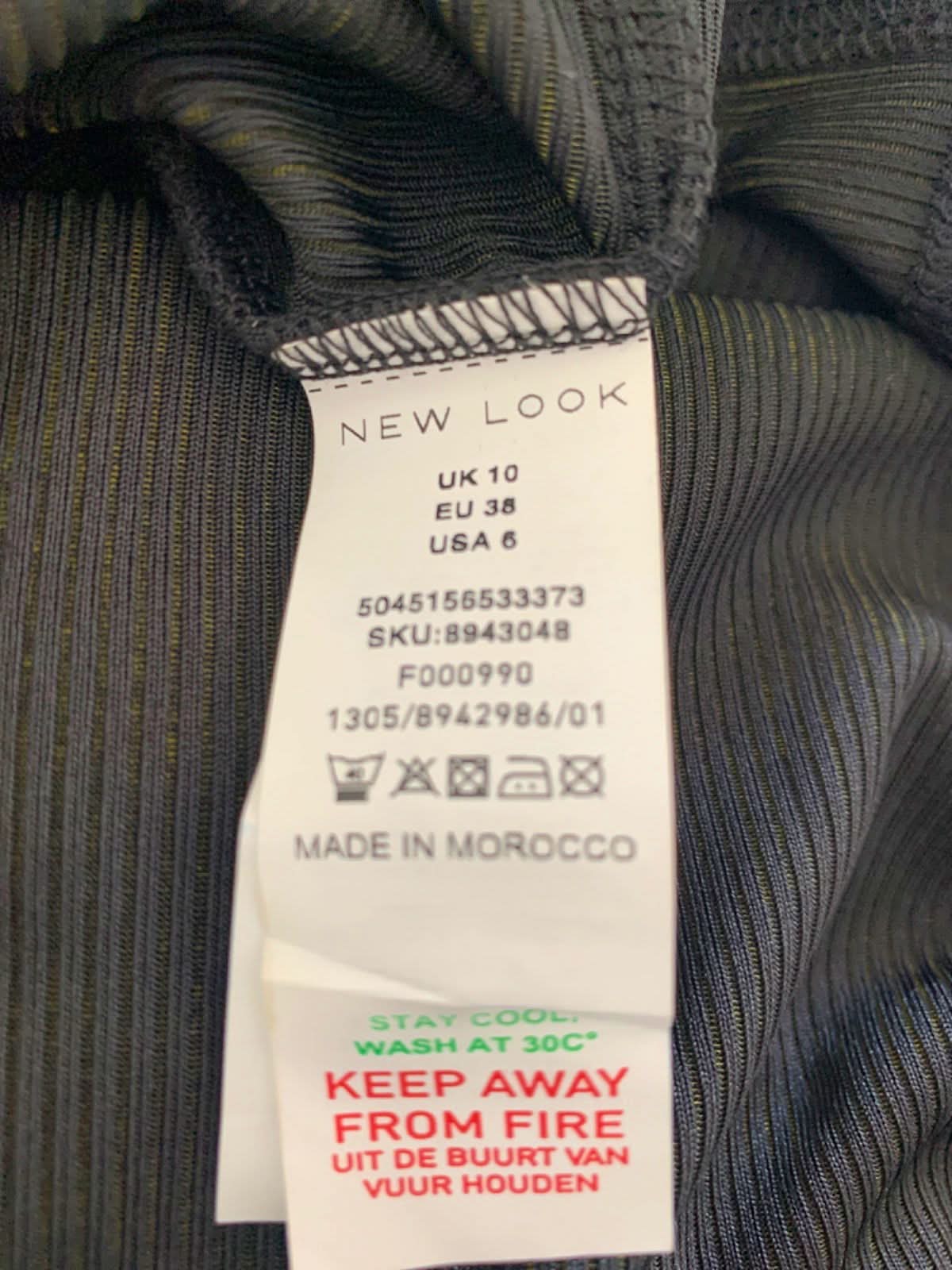 New Look Black Ribbed V-Back Ruched Midi Dress Size 10