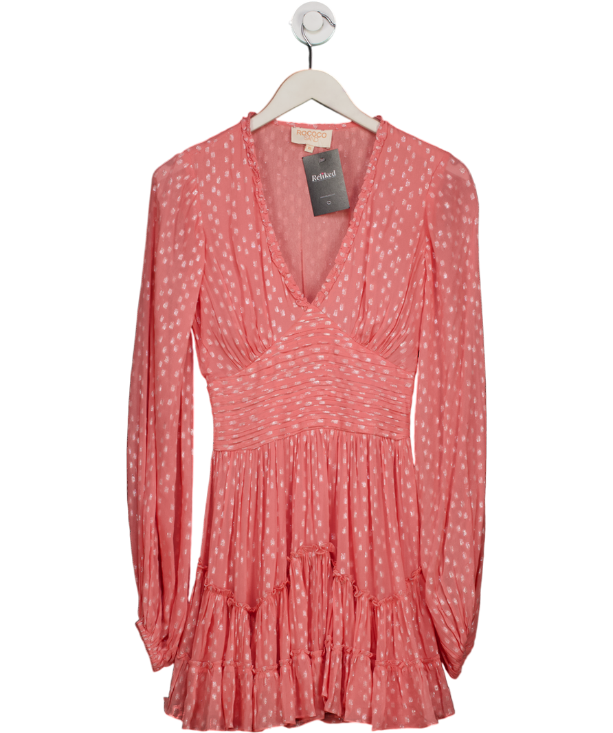 Rococo Sand Pink Lurex Spot V Neck Long Sleeve Mini Dress UK XS