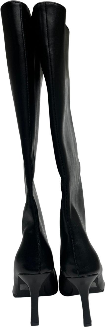Ego Tarsier Pointed Toe Knee High Long Heeled Boot In Black Faux Leather UK 6 EU 39 👠