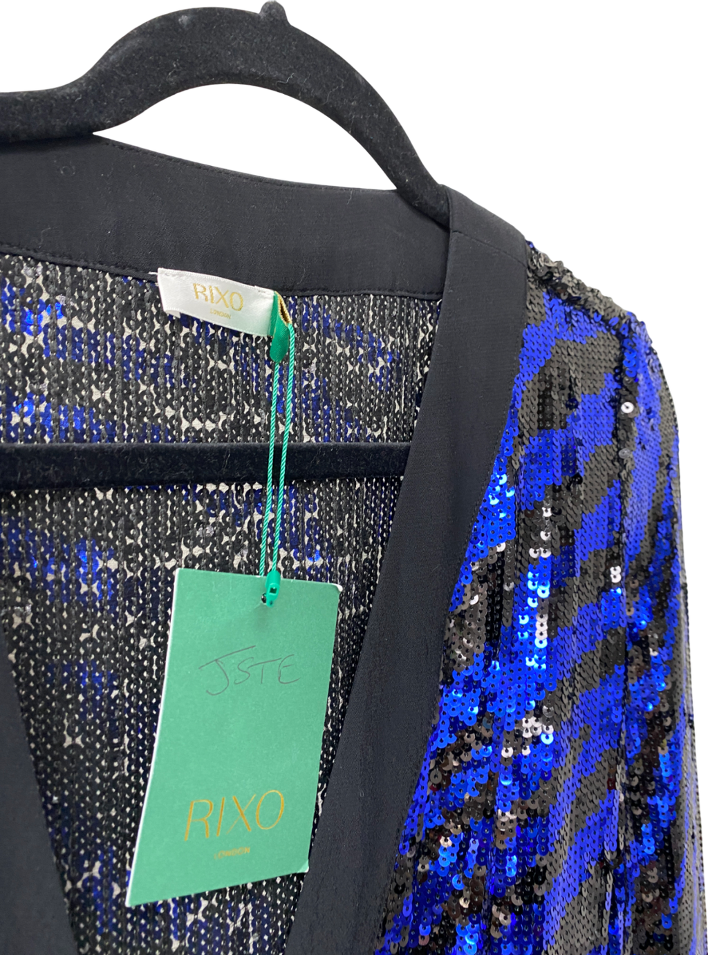 Rixo Blue Sequin Maria Tiger Mini Wrap Dress UK S