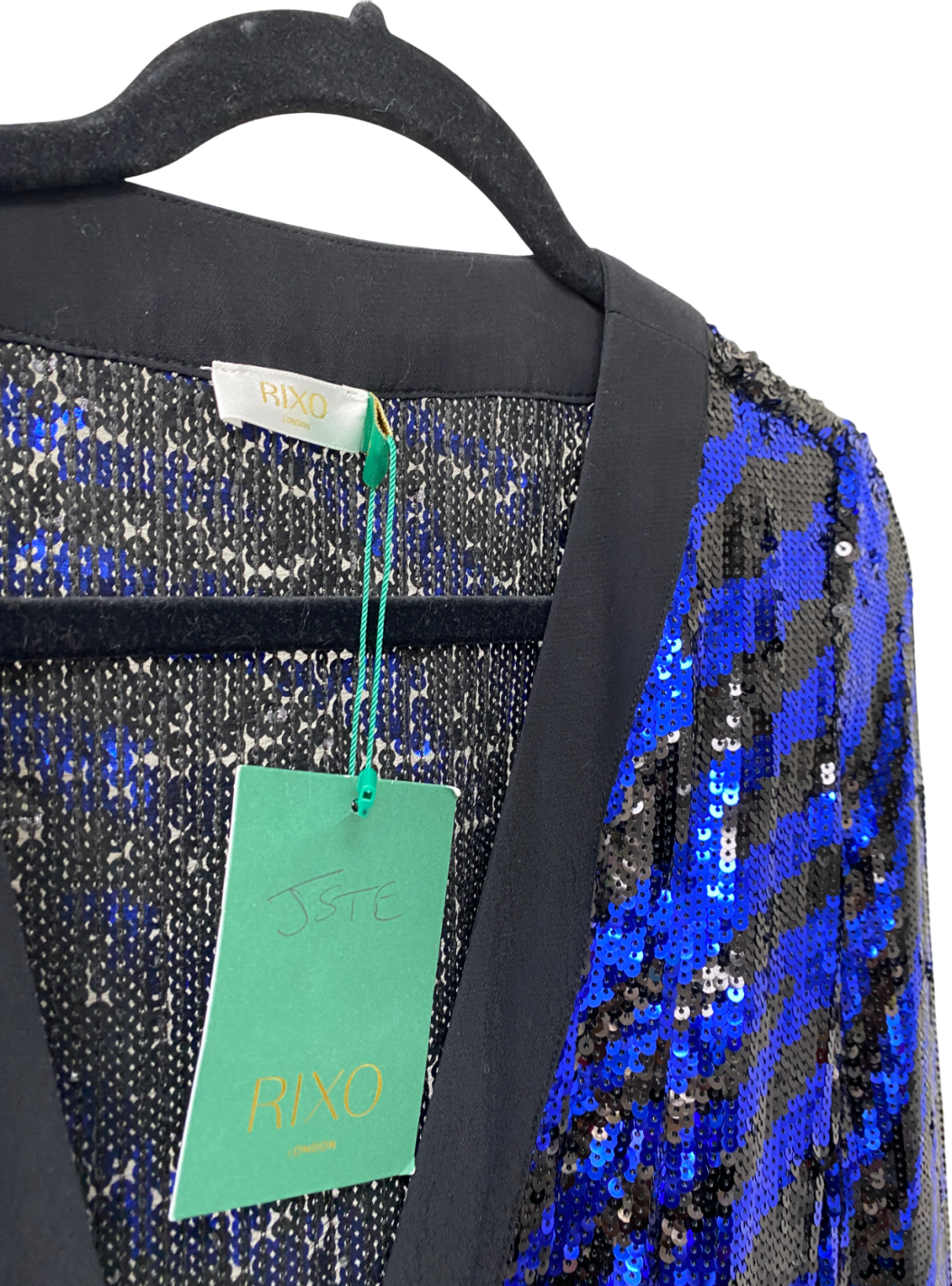 Rixo Blue Sequin Maria Tiger Mini Wrap Dress UK S