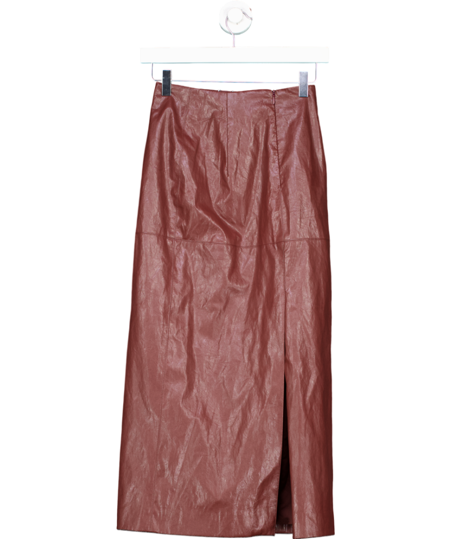 Urban Revivo Brown Vegan Leather Midi Straight Skirt UK XXS