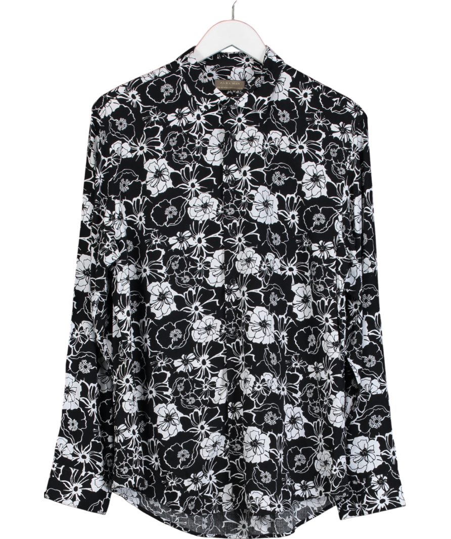 ZARA Black Slim Fit Floral Embroidered Shirt UK XL