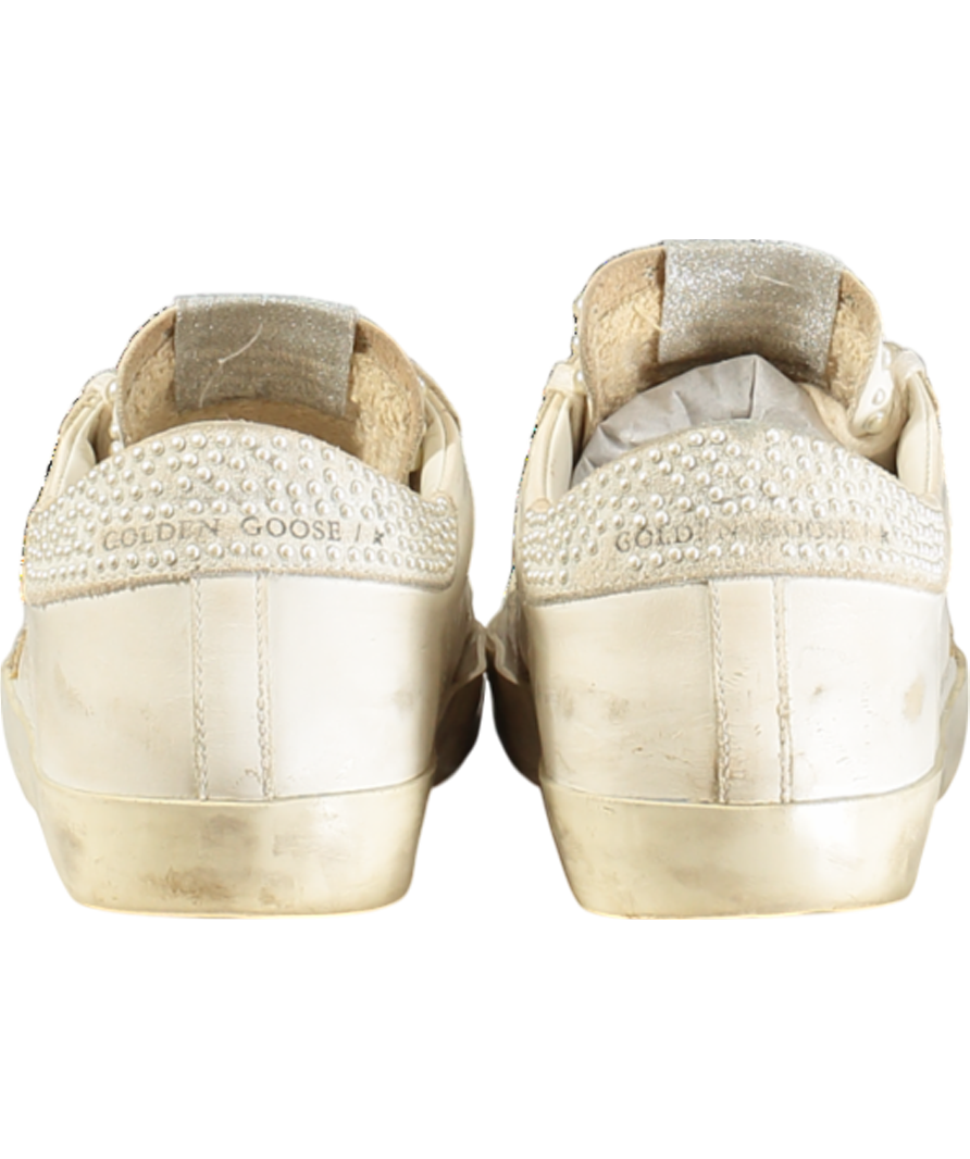 Golden Goose White Super-star Pearl Embellished Distressed Glittered Leather Trainers UK 6 EU 39 👠
