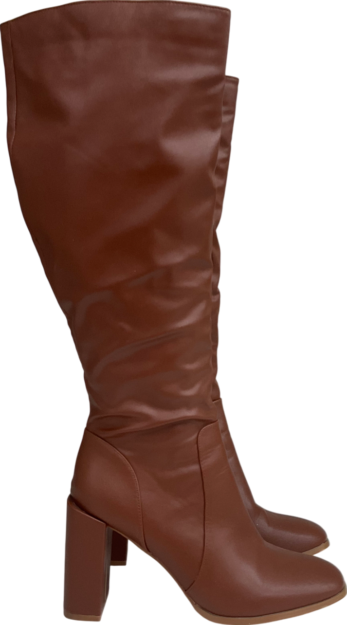 PrettyLittleThing Brown Round Toe Ruched Over The Knee Block Heeled Boots UK 7 EU 40 👠