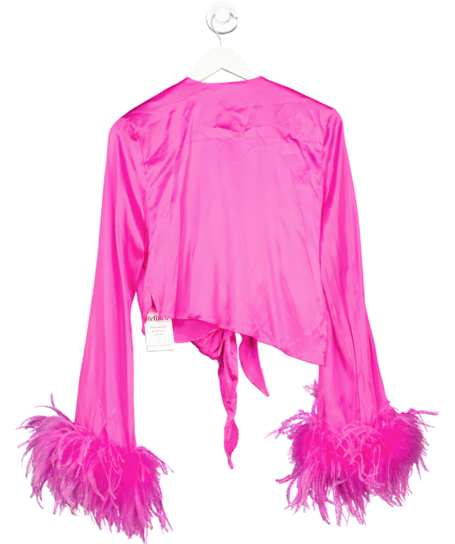 Verguenza Pink Silk Tie-front Feather Cuff Top UK XS/S