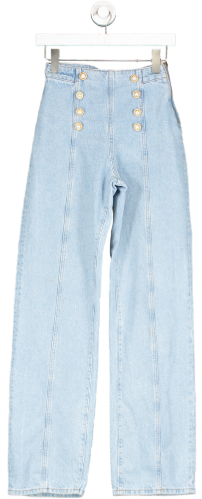 ZARA Blue Straight Leg High Waist Button Detail Jeans UK 4